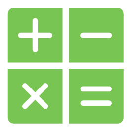 a green calculator with black symbols