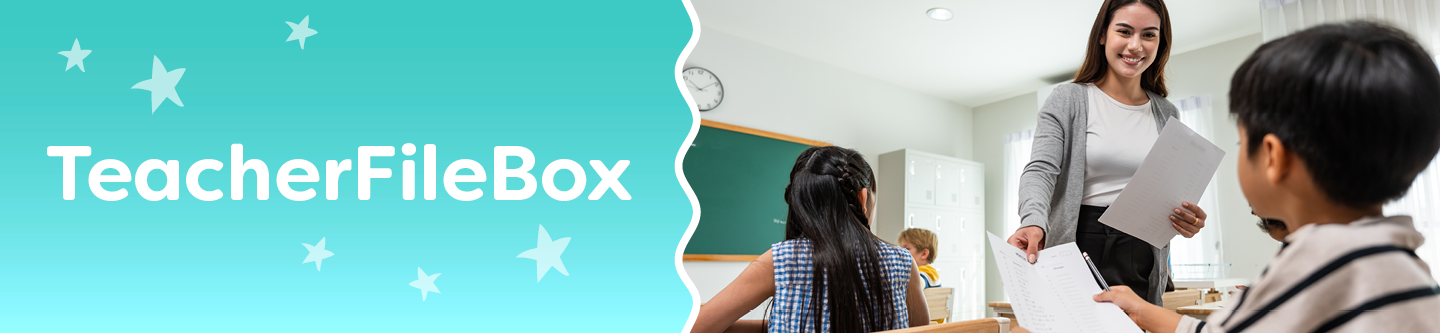 TeacherFileBox Banner with a teacher and students.